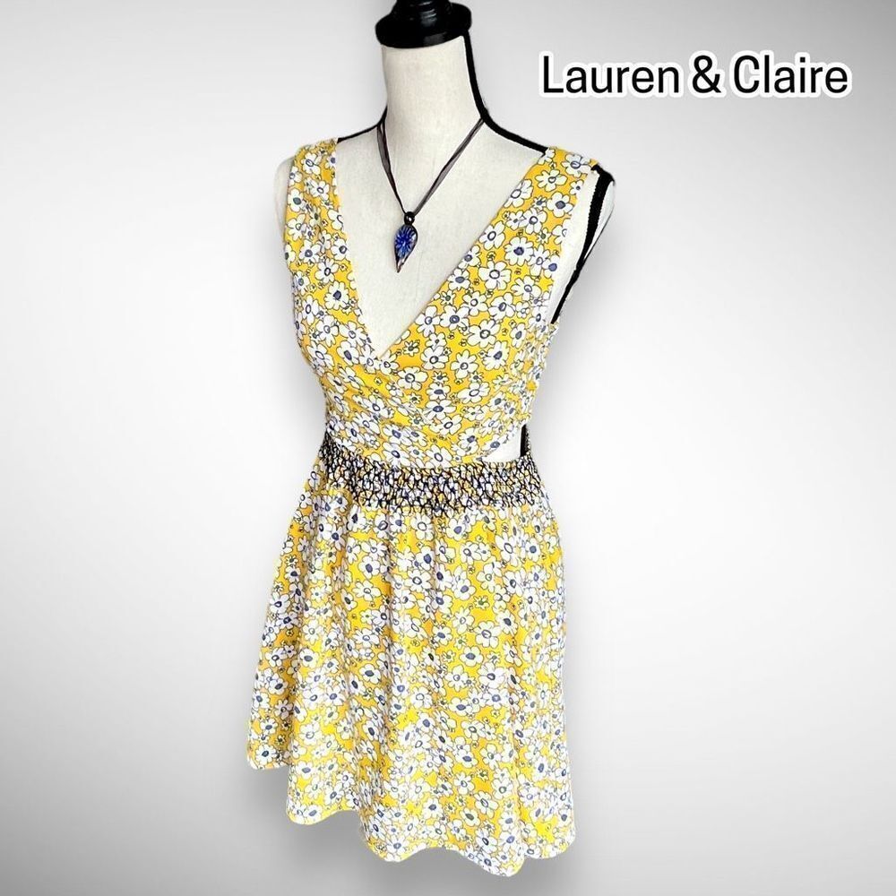 Lauren & Claire Sleeveless Mini Sun Dress Yellow Blue Floral Print Size Small